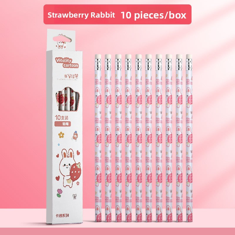 Strawberry Rabbit design, pack of ten cute HB pencils with erasers