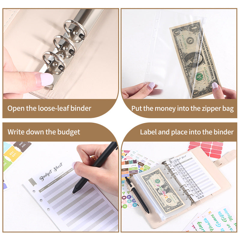 Four photo steps showing how to use an A6 cash budget binder with envelopes and budget tracking sheets