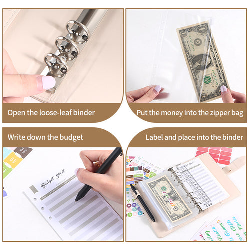 Four photo steps showing how to use an A6 cash budget binder with envelopes and budget tracking sheets