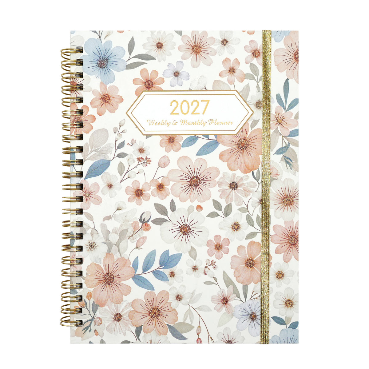 2027 A5 spiral planner with White Peach Pine Mist floral cover and gold-coloured coil