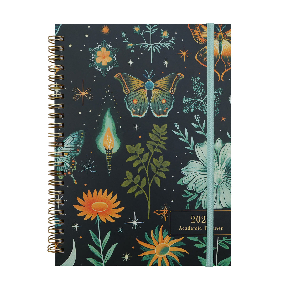 2027 A5 spiral planner with Green Butterfly botanical cover and dark green elastic closure
