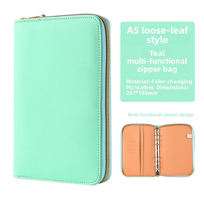 Turquoise A5 PU leather zip-around notebook organiser with product details and an interior view