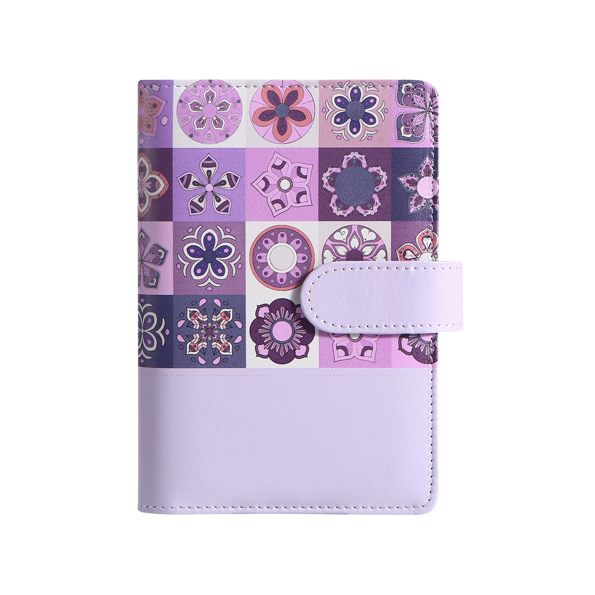 Purple patterned A6 cash budget binder with magnetic closure, shown from the front