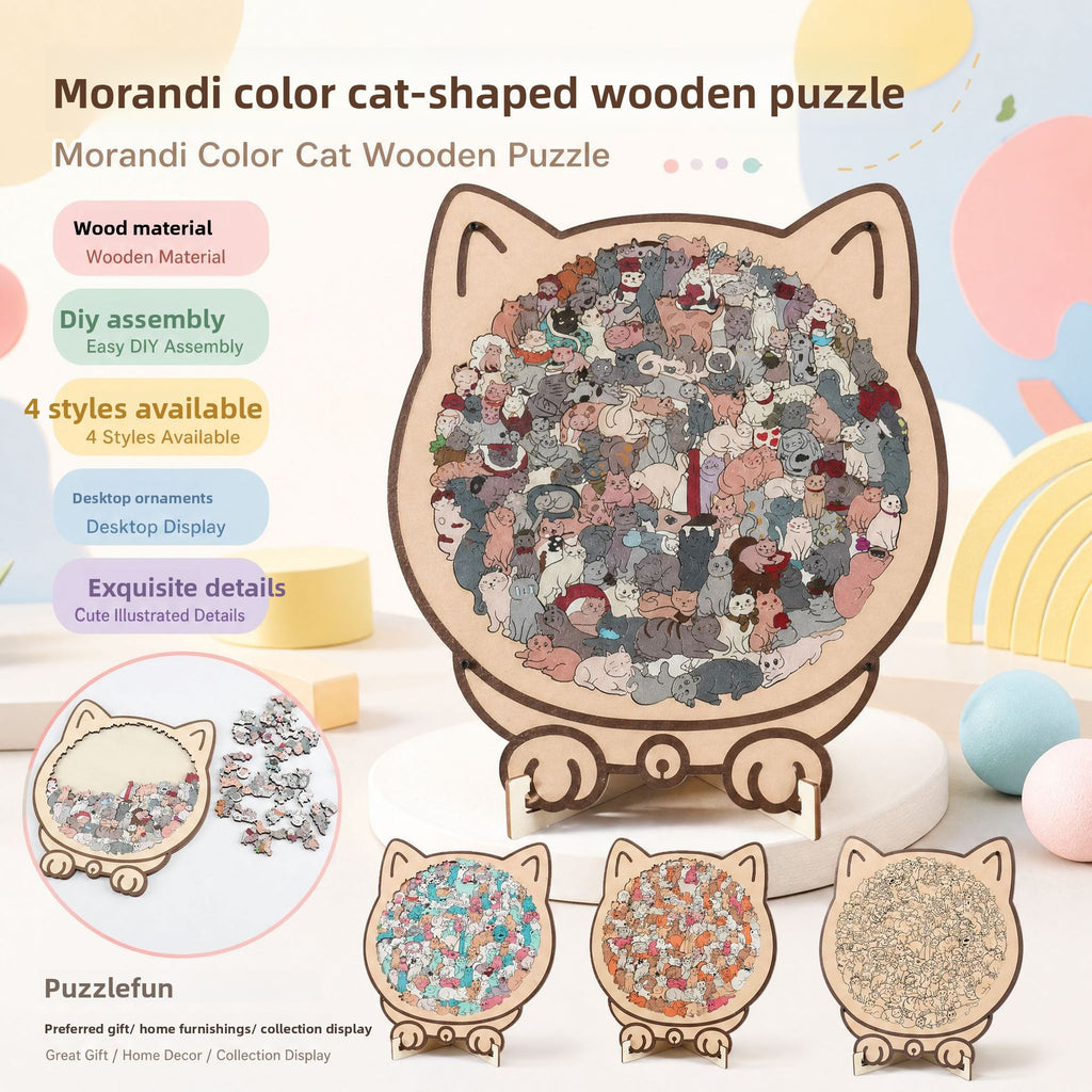 Cat-shaped wooden jigsaw puzzle with multicoloured cat illustrations, product features and design examples
