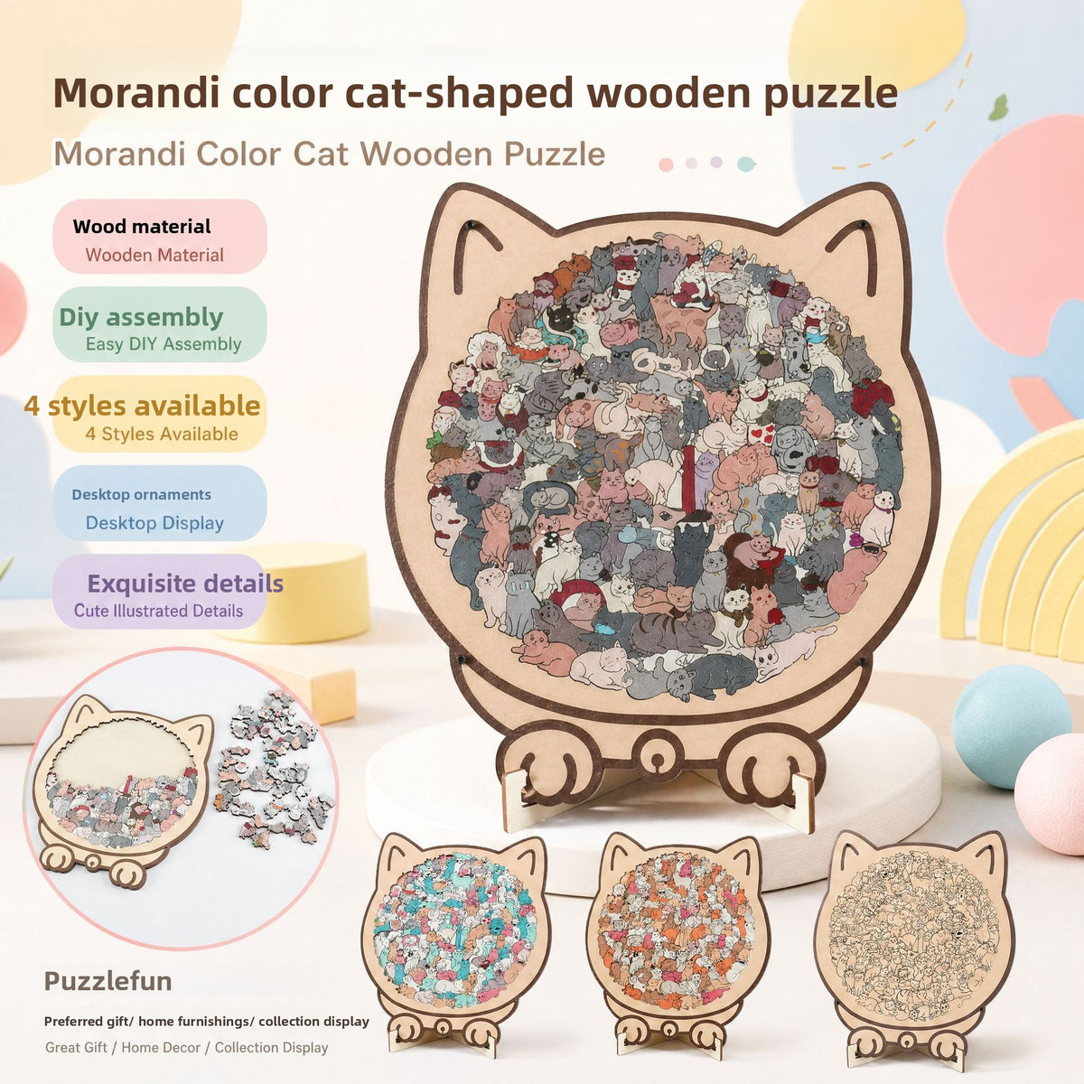 Cat-shaped wooden jigsaw puzzle with multicoloured cat illustrations, product features and design examples
