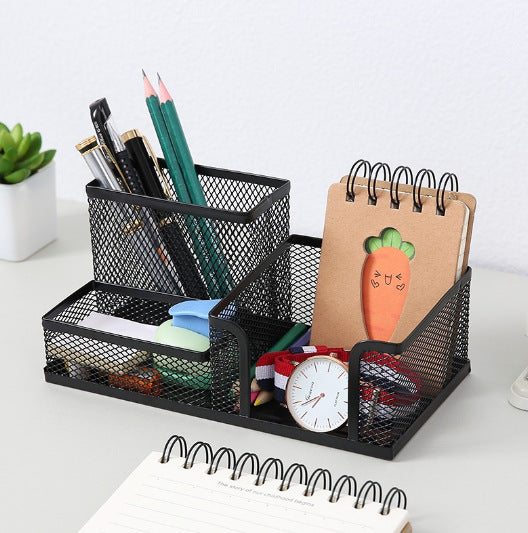 Black metal mesh desk organiser with pencil holder, notepad and accessories