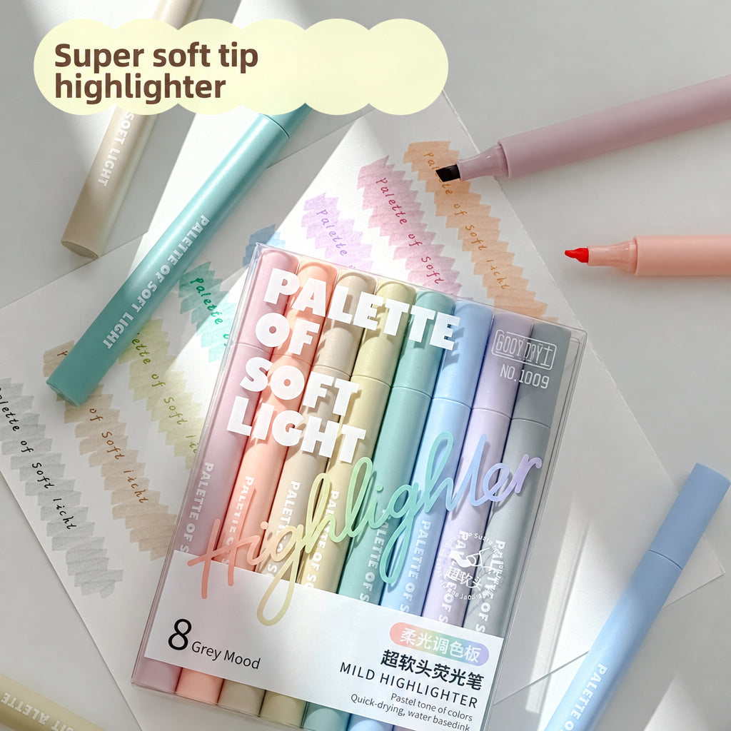 Pack of eight soft pastel highlighters in assorted colours with study notes