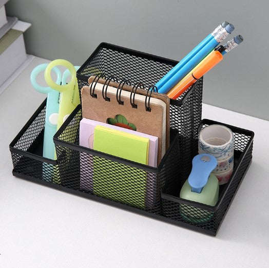 Black metal mesh pen holder and stationery organiser with scissors and colourful sticky notes