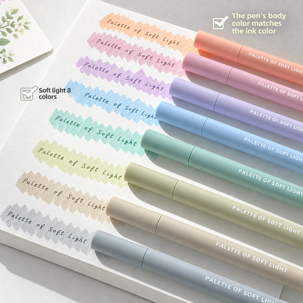 Close-up of pastel highlighter pens and their soft colour marks on a page