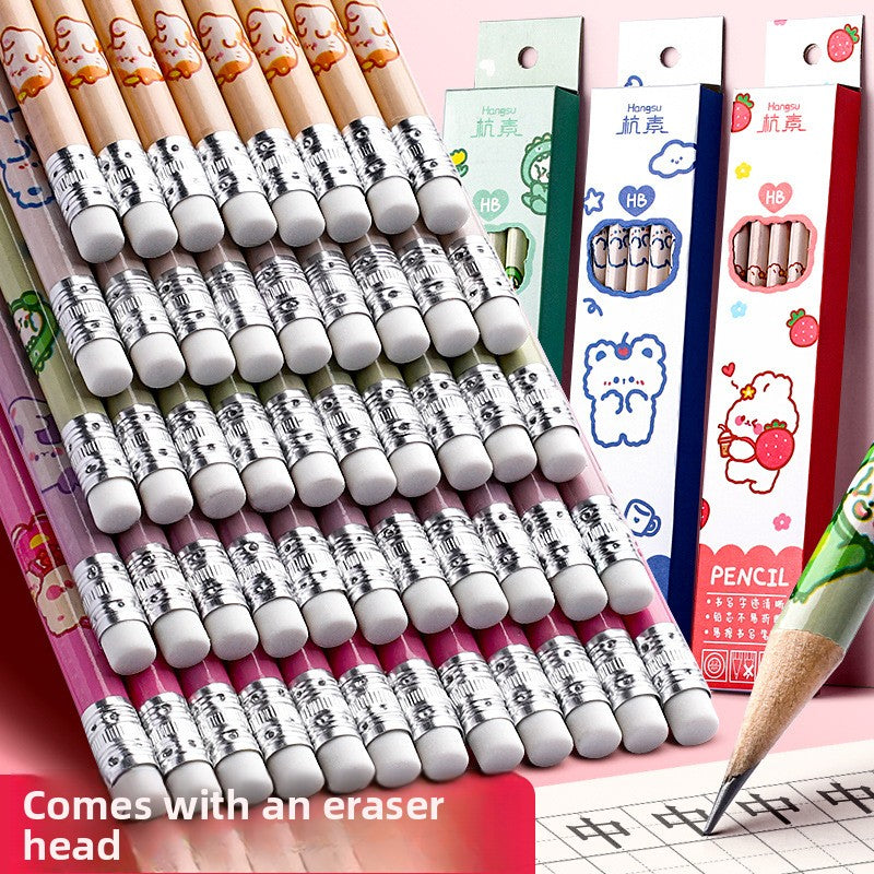 Assorted cute animal HB graphite pencils with white eraser ends, displayed alongside colourful pencil boxes