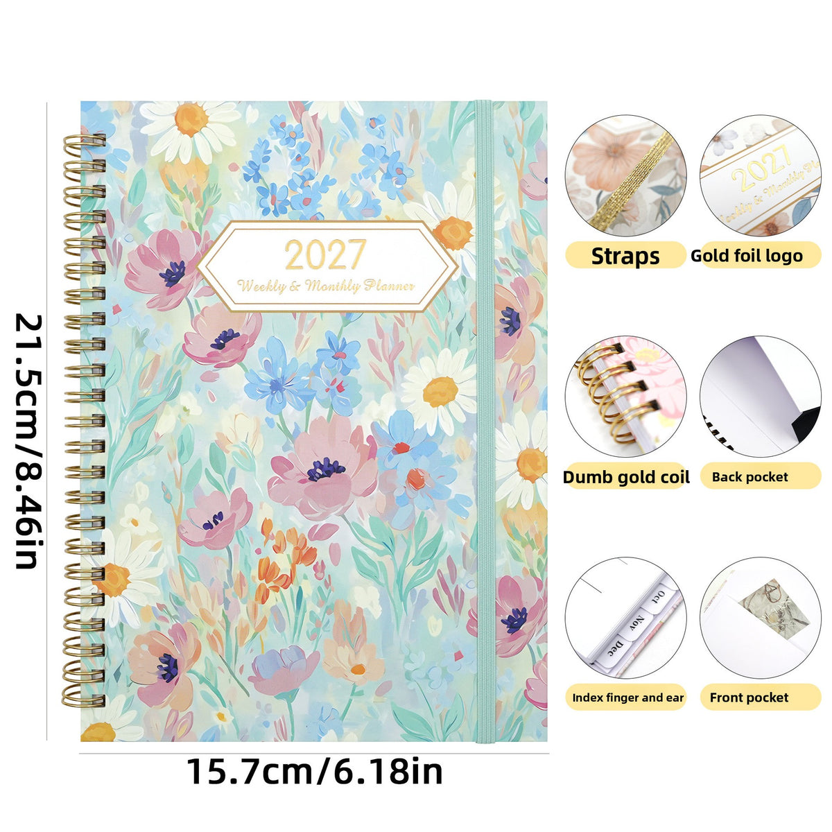 Floral 2027 A5 spiral planner cover with elastic closure and close-up product details