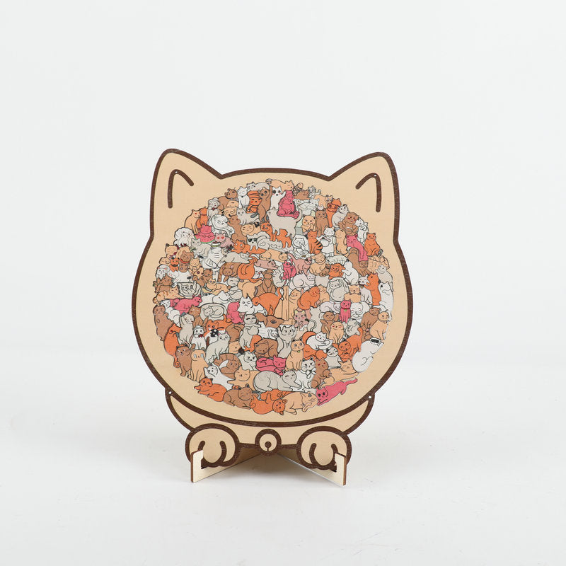 Style 3 cat-shaped wooden jigsaw puzzle with orange and pink illustrated pattern