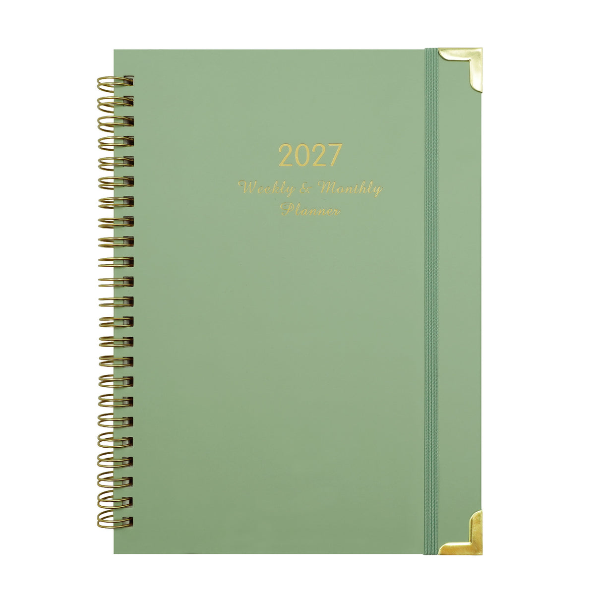 2027 A5 spiral planner with solid green corner-protected cover, gold-coloured corners and elastic strap