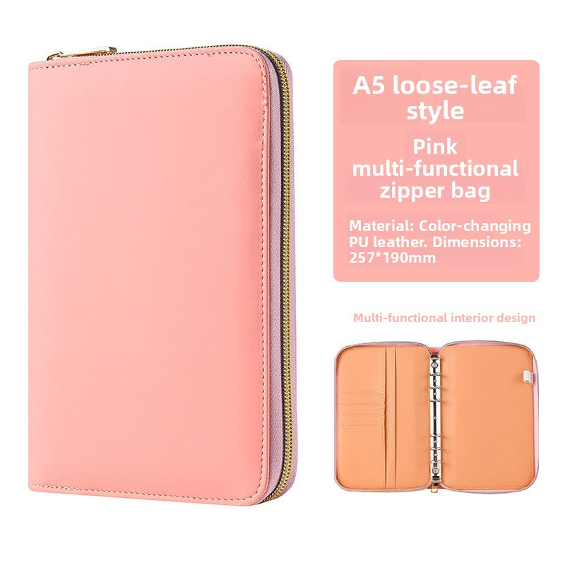 Pink A5 PU leather zip-around notebook organiser with product details and an interior view