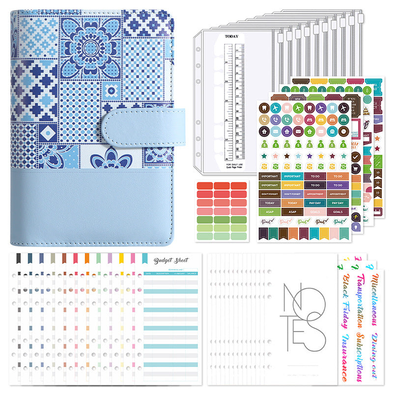 Blue A6 cash budget binder kit with zip envelopes, stickers, savings trackers and budget sheets