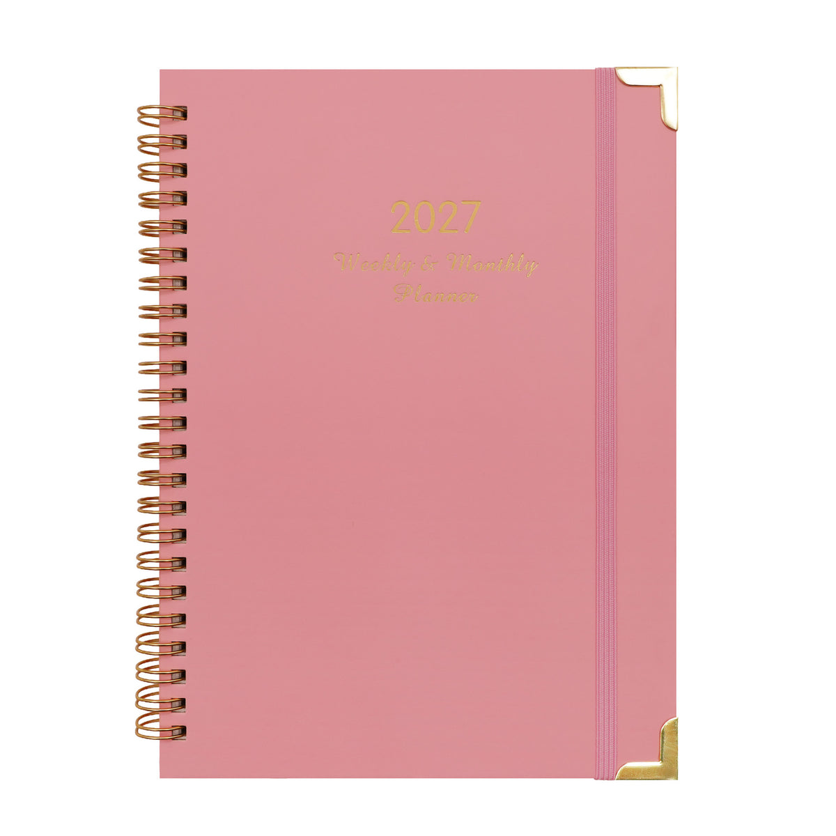 2027 A5 spiral planner with solid pink corner-protected cover, gold-coloured corners and elastic strap