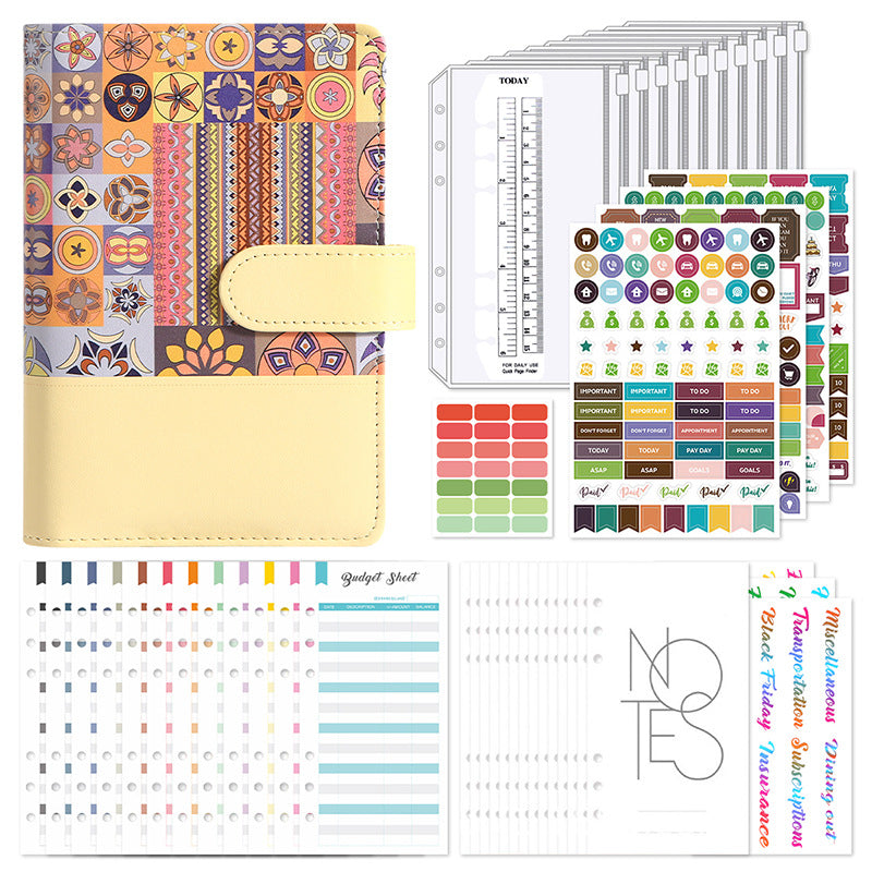 Yellow A6 cash budget binder kit with zip envelopes, budget sheets and colourful stickers