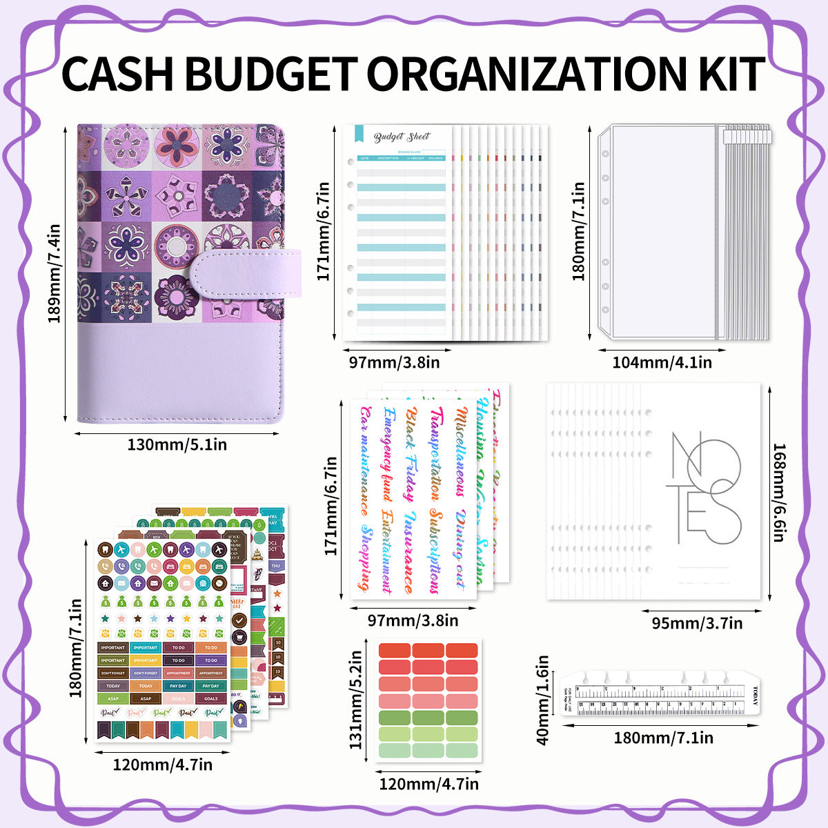 A6 cash budget binder organisation kit contents including binder, zip envelopes, budget sheets and stickers