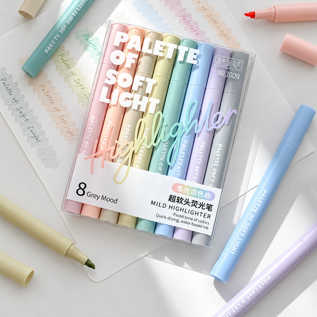 Eight pastel-coloured highlighters in clear retail packaging with pens alongside