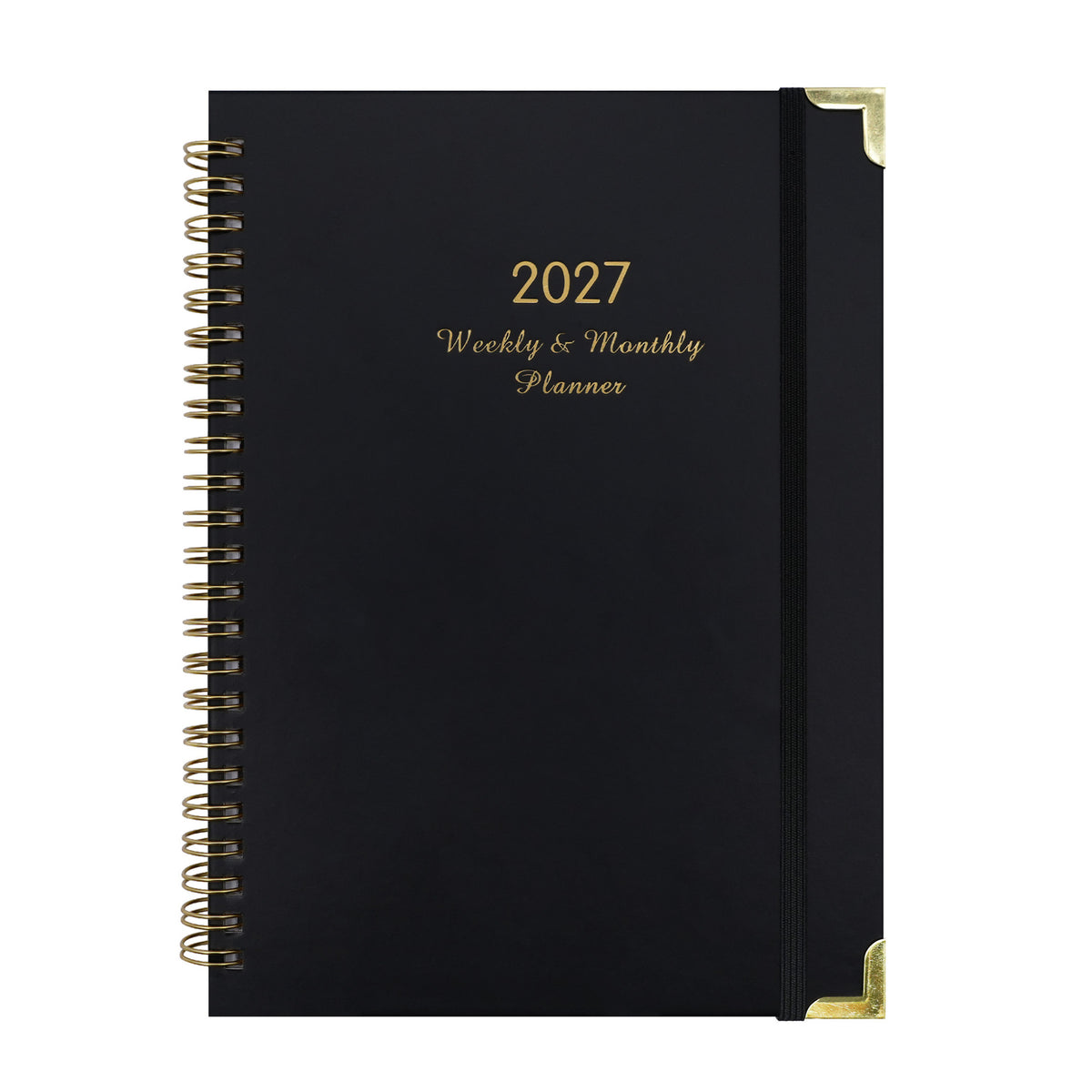 2027 A5 spiral planner with black corner-protected cover, gold-coloured corners and elastic strap