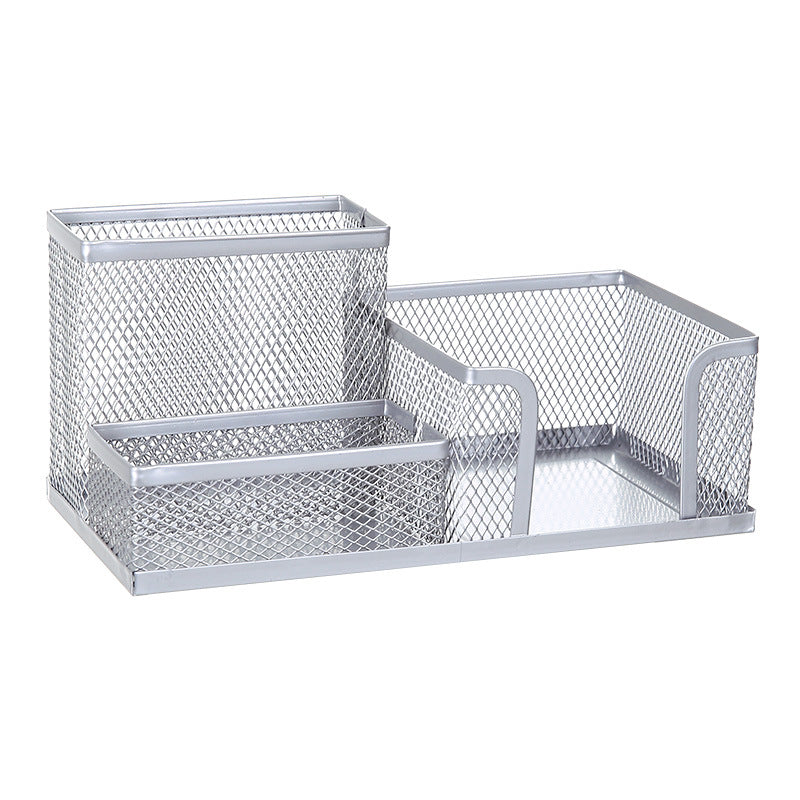 Silver metal mesh desk organiser with separate pen holder and stationery compartments