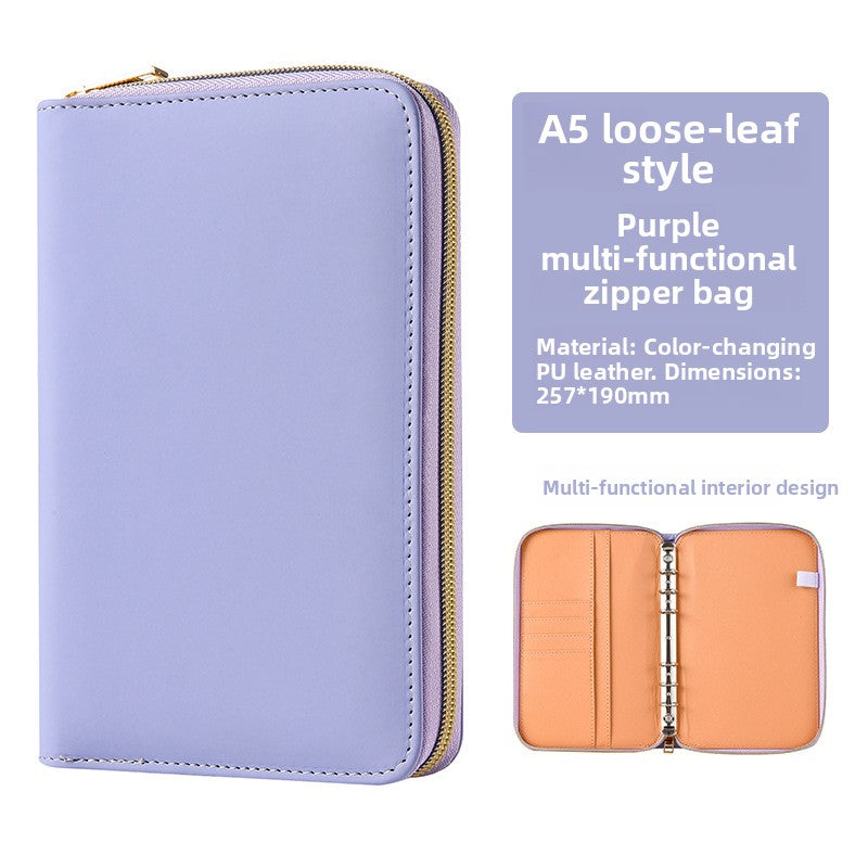 Purple A5 PU leather zip-around notebook organiser with product details and an interior view