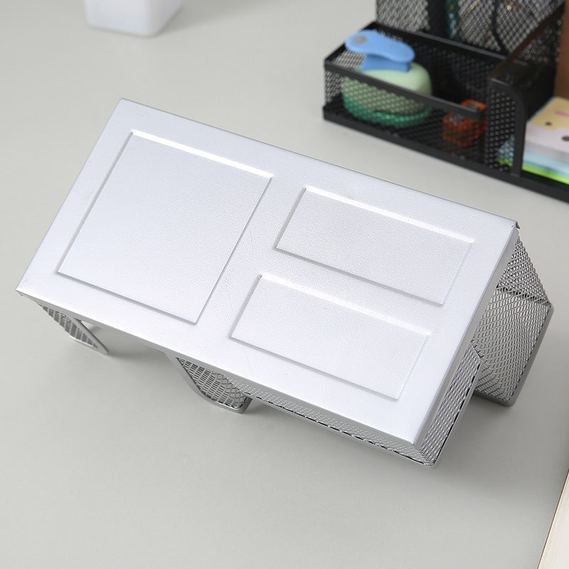 Underside of the metal mesh desk organiser showing the white base and bottom construction