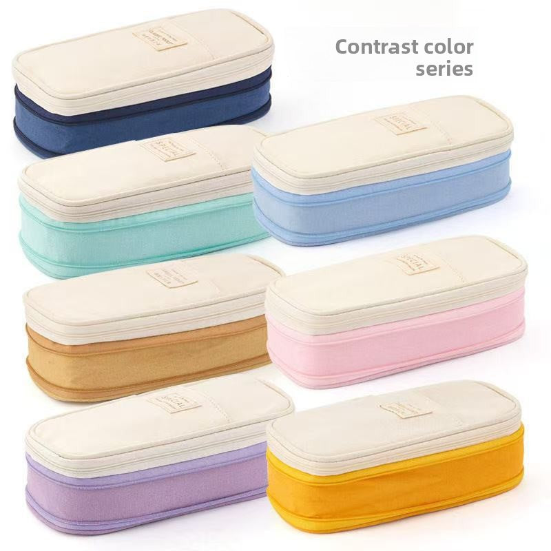 Canvas pencil case with multiple compartments for pens and stationery