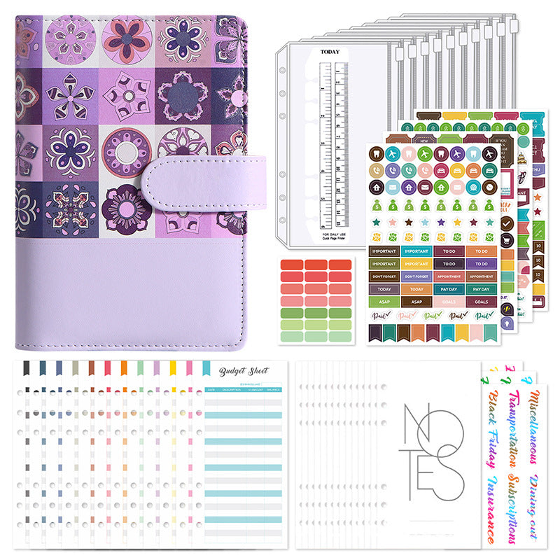 Purple A6 cash budget binder kit with budgeting envelopes, tracker sheets and sticker accessories