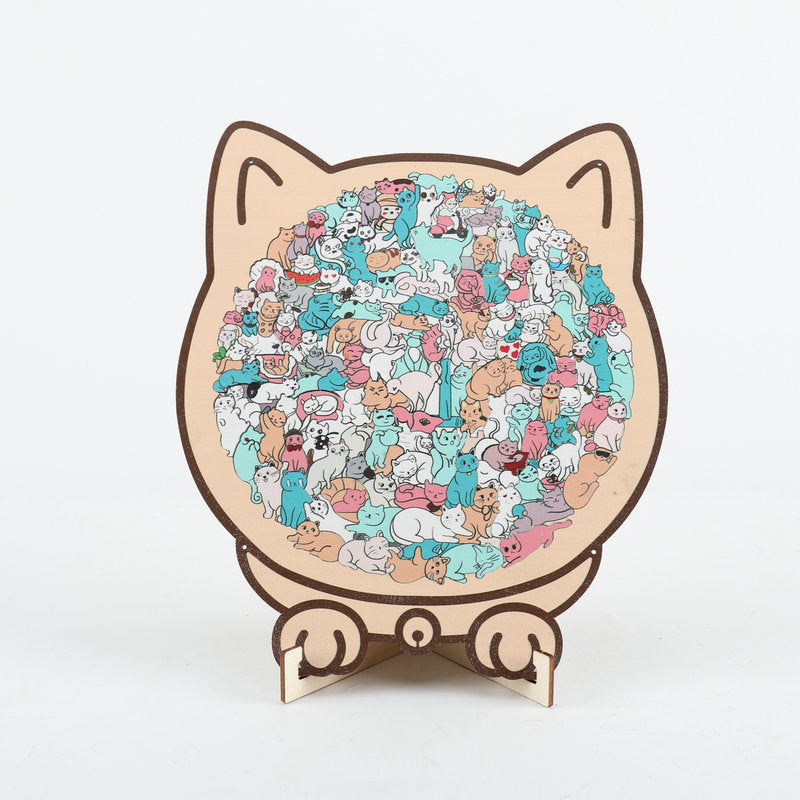 Style 2 cat-shaped wooden jigsaw puzzle with turquoise and pink colourful cat-themed illustration