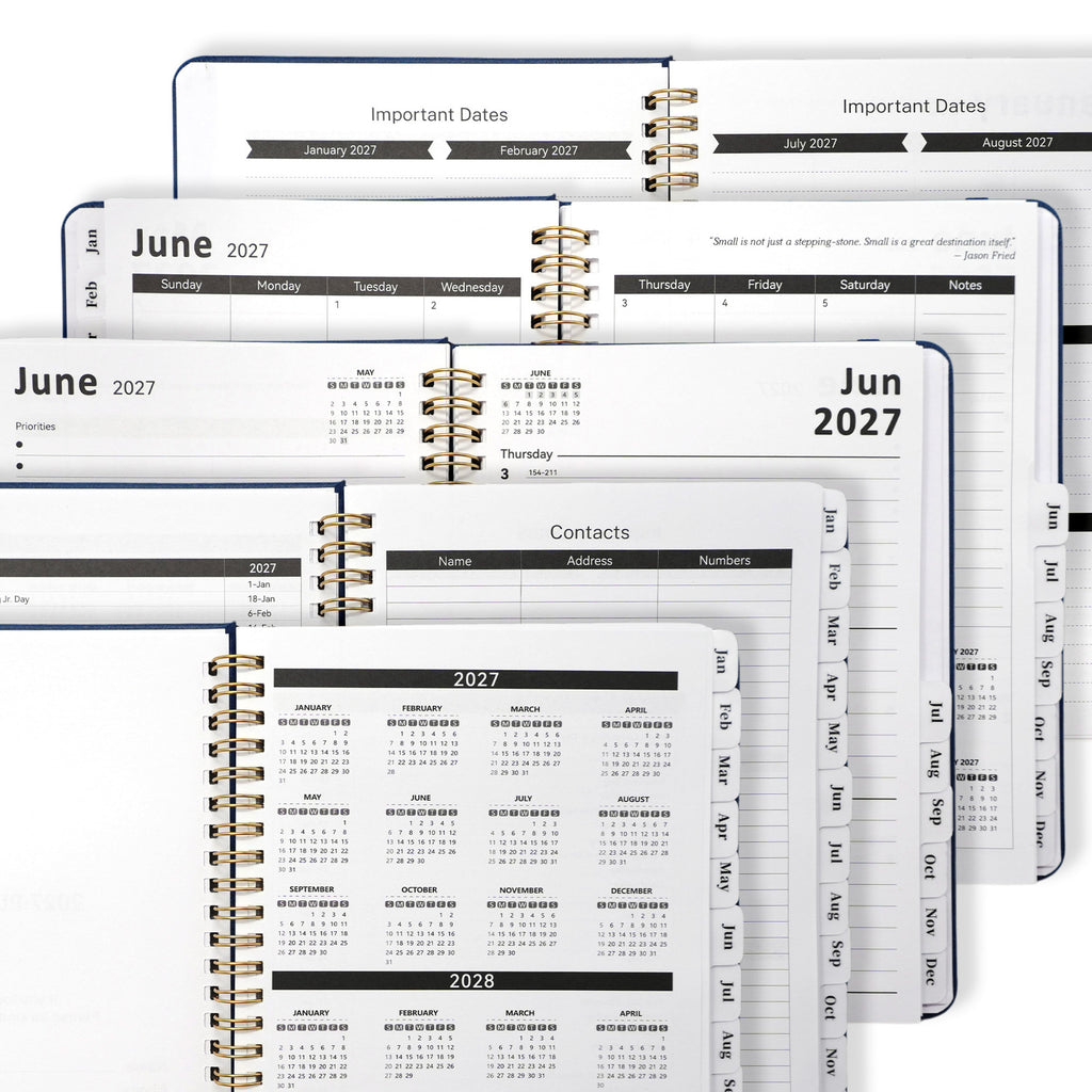 Inside pages of 2027 A5 weekly and monthly planner showing dated planning layouts