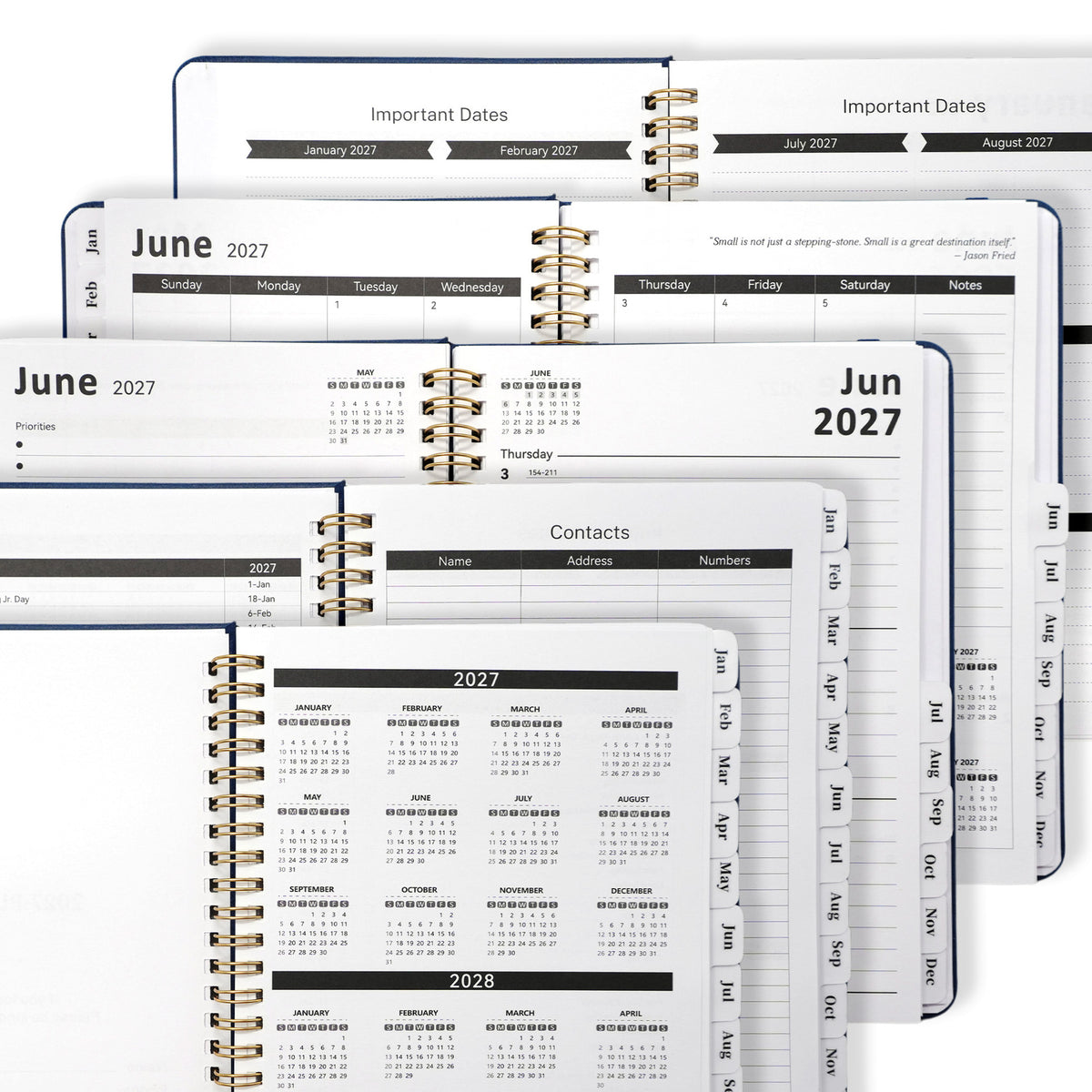 Inside pages of 2027 A5 weekly and monthly planner showing dated planning layouts