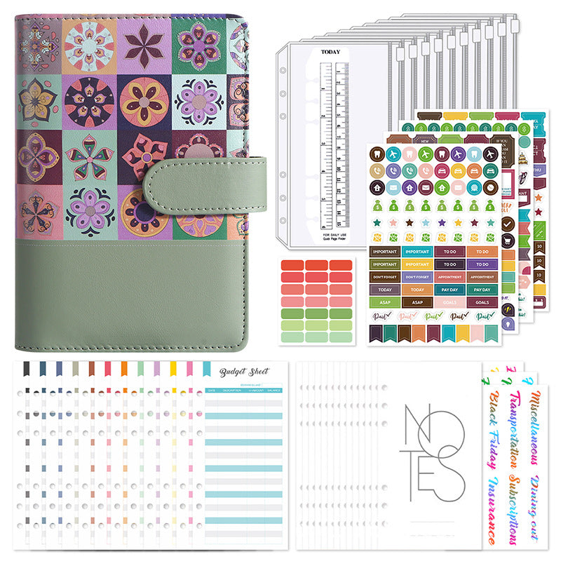 Green A6 cash budget binder kit showing organiser, cash envelopes, planning sheets and stickers