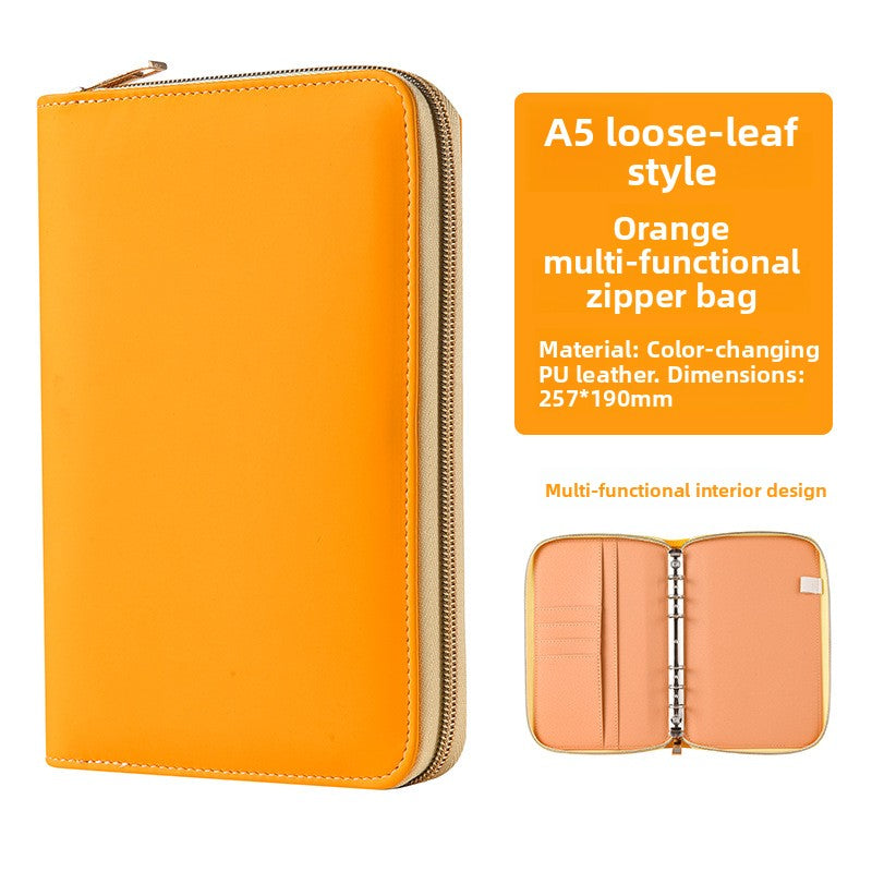 Orange A5 PU leather zip-around notebook organiser with product details and an interior view