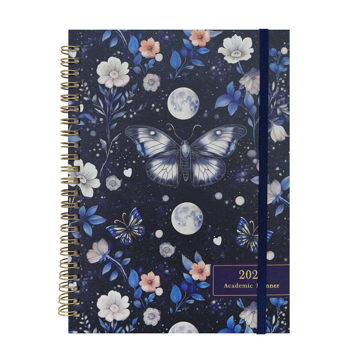 2027 A5 spiral planner with Blue Butterfly cover featuring butterflies, flowers and moon motifs