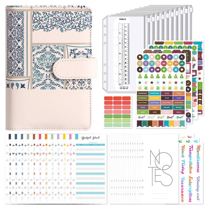 Beige patterned A6 cash budget binder kit with cash envelopes, budget cards and stickers