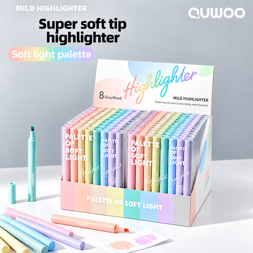 Pastel soft-tip highlighter pens arranged in a colourful retail display box