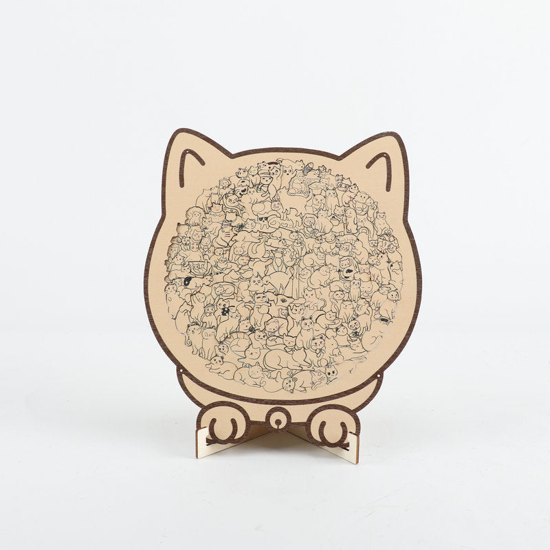 Style 4 cat-shaped wooden jigsaw puzzle with muted beige and brown illustrated pattern