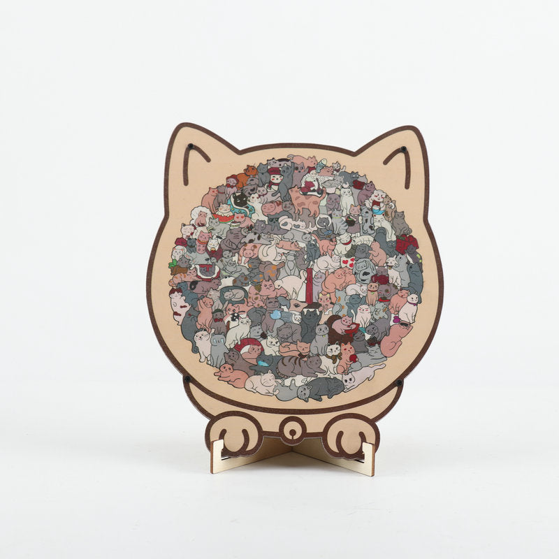 Style 1 cat-shaped wooden jigsaw puzzle with a dark multicolour illustrated centre and wooden stand