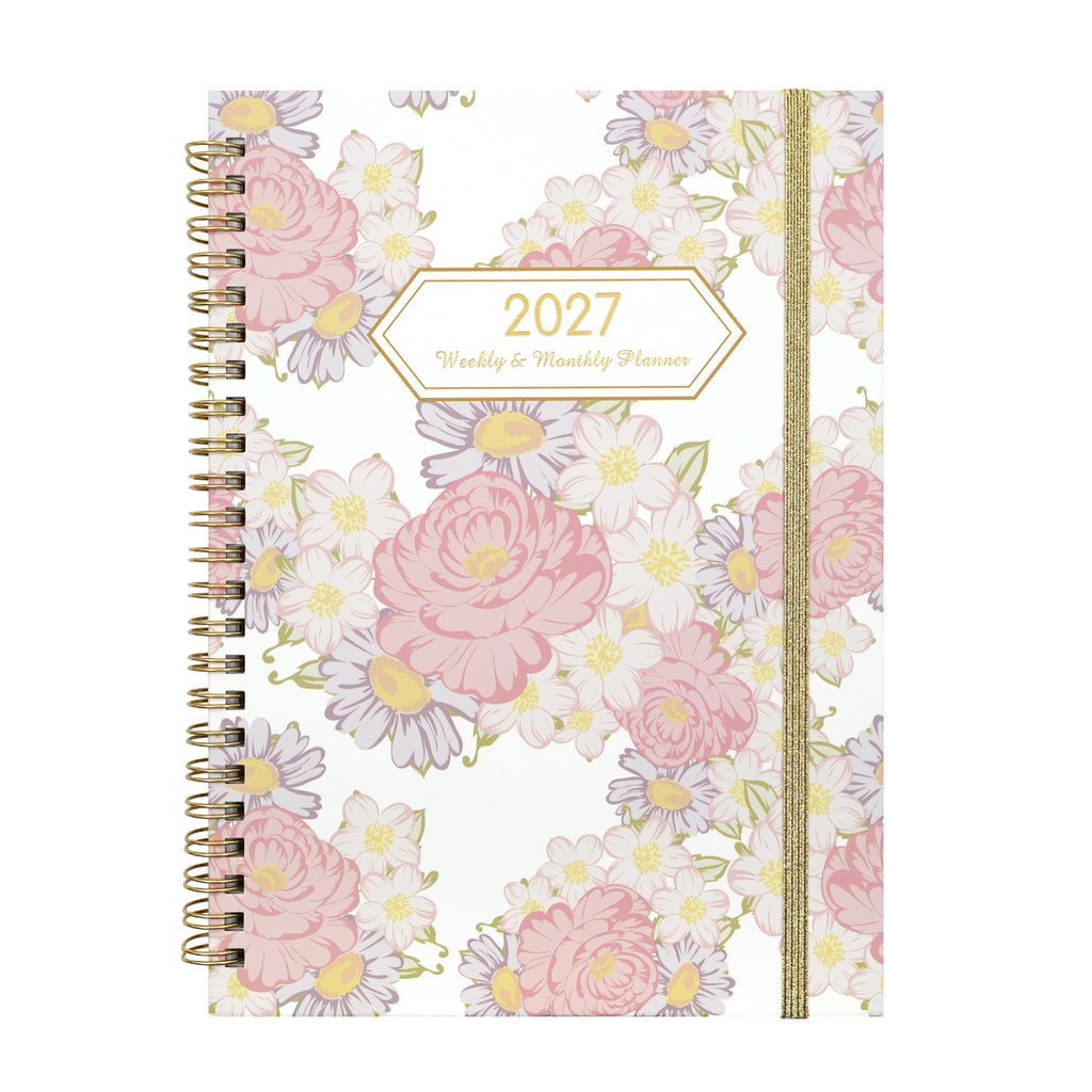 2027 A5 spiral planner with Pink Sakura Tea floral cover, gold-coloured coil and elastic strap