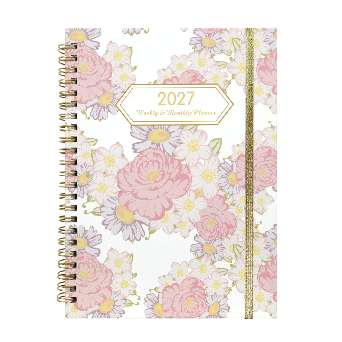 2027 A5 spiral planner with Pink Sakura Tea floral cover, gold-coloured coil and elastic strap