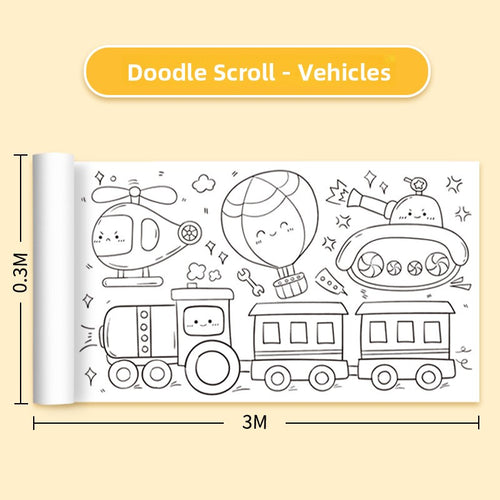 3 metre kids colouring paper roll with vehicle drawings including train, helicopter and cars